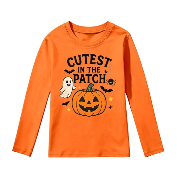 Kiijoy Girls Halloween Long Sleeve T Shirt Kids Cotton T-Shirt Top, Orange, Sizes 2-13