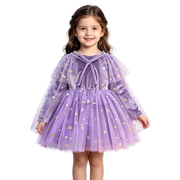 Kiijoy Girls Halloween Outfits Purple Star Long Sleeve Tulle Dress with Cape, Size 1-6