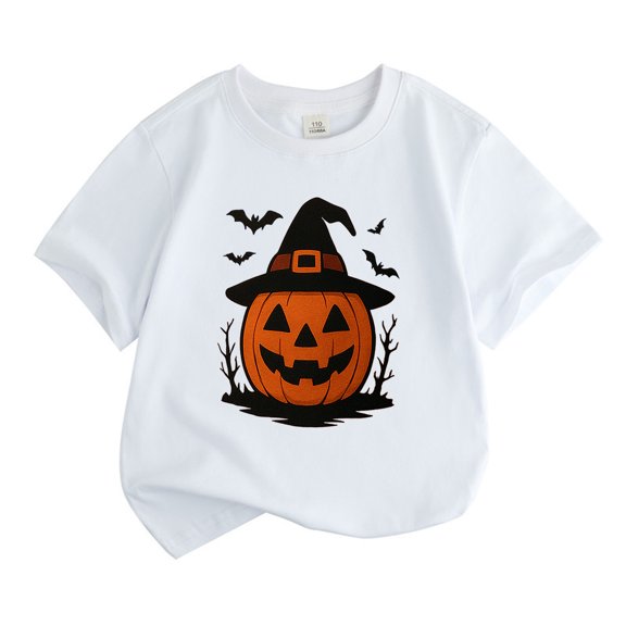 Kiijoy Girls Halloween Pumpkin T-Shirt Cotton Short Sleeve Crew Neck T Shirt, Sizes 5-6