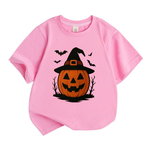 Kiijoy Girls Halloween Pumpkin T-Shirt Cotton Short Sleeve Crew Neck T Shirt, Sizes 6-7