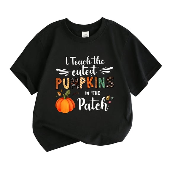 Kiijoy Girls Halloween Short Sleeve Tshirt Pumpkin Letter Graphic Tee, Black, Sizes 2-13