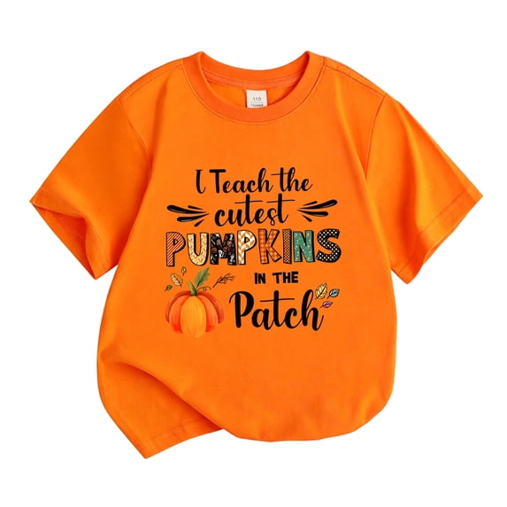 Kiijoy Girls Halloween Short Sleeve Tshirt Pumpkin Letter Graphic Tee, Orange, Sizes 2-13
