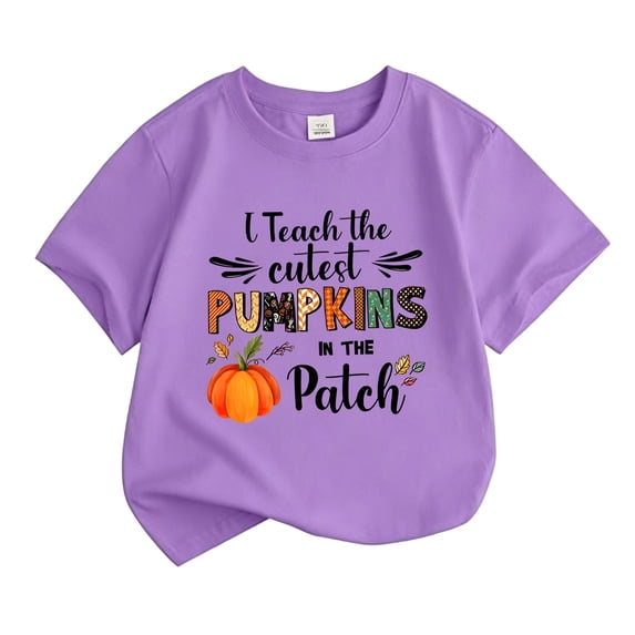 Kiijoy Girls Halloween Short Sleeve Tshirt Pumpkin Letter Graphic Tee, Purple, Sizes 2-13