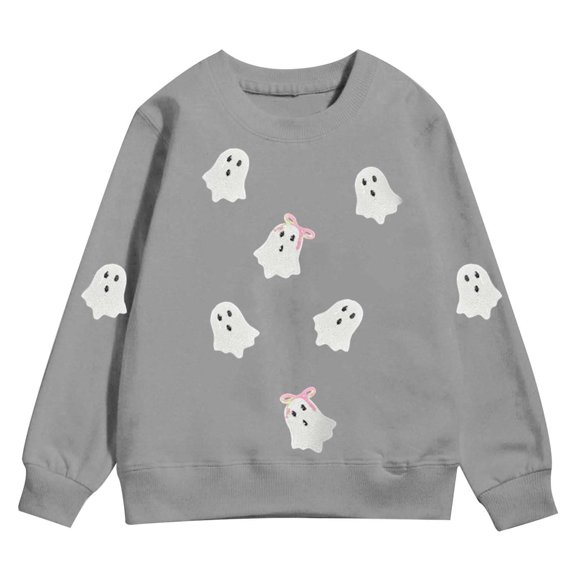 Kiijoy Girls Halloween Sweatshirt Cartoon Ghost Print Casual Pullover Top, Sizes 5-6