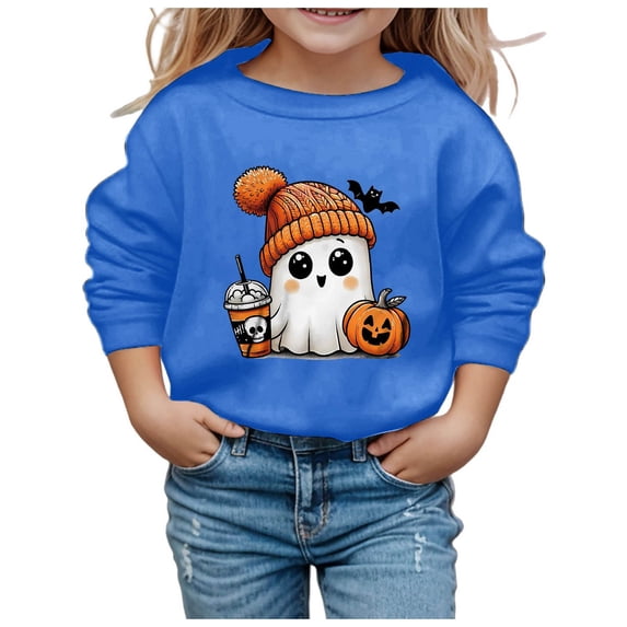 Kiijoy Girls Halloween Sweatshirt Cute Cartoon Print Crewneck Pullover Top, Blue, 11-12 Years