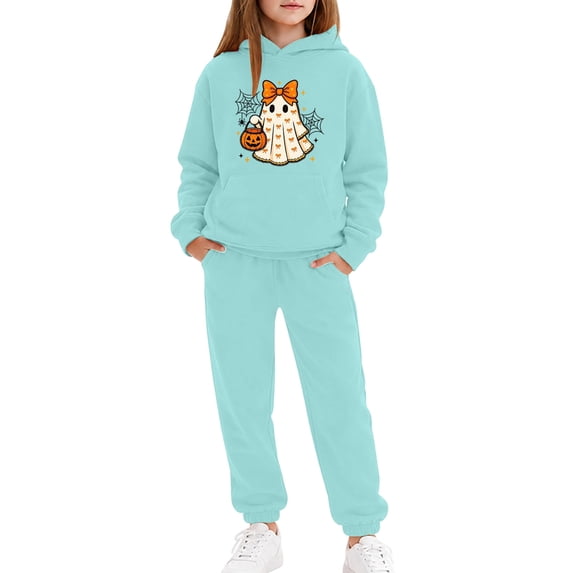 Kiijoy Girls Halloween Sweatsuit Cute Graphic Long Sleeve Hoodie Sweatpants Set, Sizes 2-13