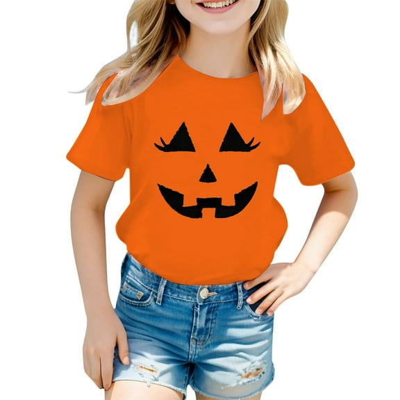 Kiijoy Girls Halloween T Shirt Short Sleeve Pumpkin Graphic T-Shirt for Kids, Sizes 2-3