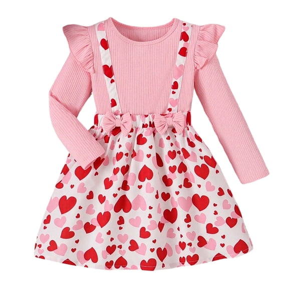 Kiijoy Girls Hearts Print Long Sleeve Dress Casual Ruffle A Line Midi Dress, Sizes 2-8