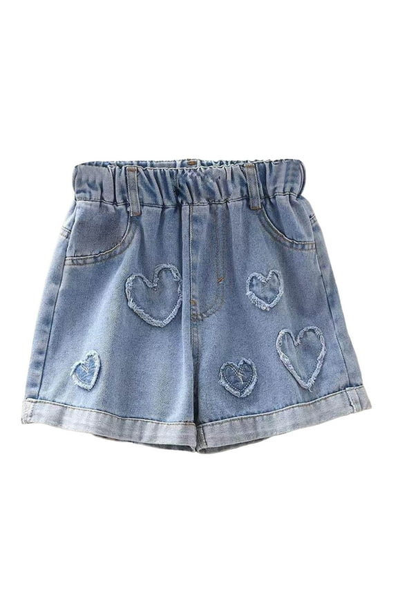Girls High Waisted Denim Shorts Casual Pull On Shorts with Hearts Patches, Sizes 9-10