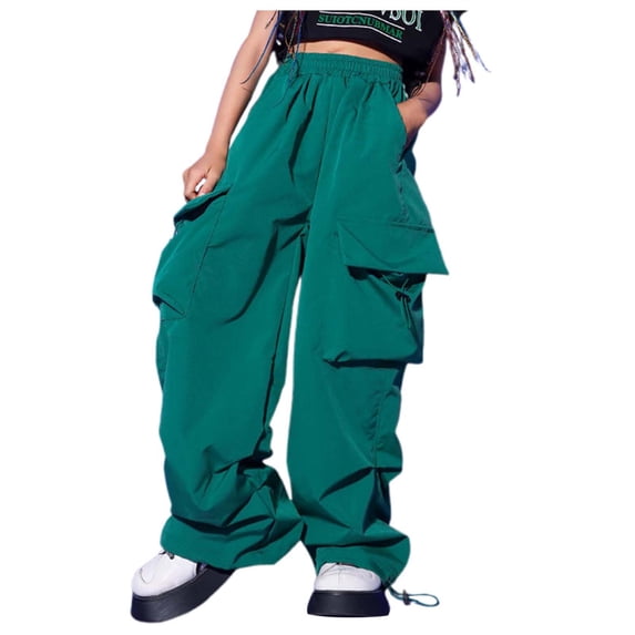 Kiijoy Girls High Waisted Drawstring Cargo Pants Trendy Baggy Straight Sweatpants, Sizes 3-4