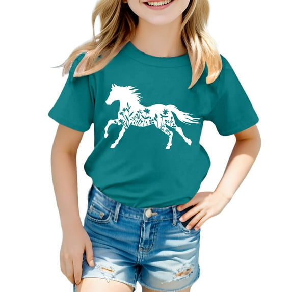 Kiijoy Girls Horse Print Graphic Tee Summer Casual Short Sleeve O-Neck T Shirt, Sizes 3-13