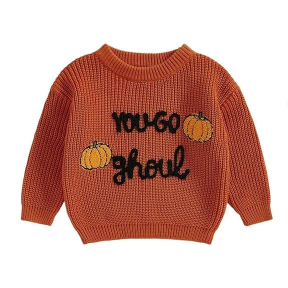 Kiijoy Girls Knitted Sweater Fall Pumpkin Embroidery Crew Neck Pullover Top, Sizes 2-3