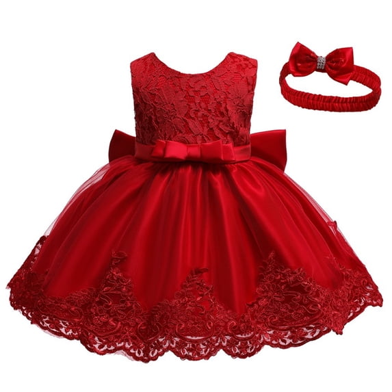 Kiijoy Girls Lace Bow Sleeveless Dress Birthday Party Princess Dress Pageant Gown, Sizes 0-3 Months