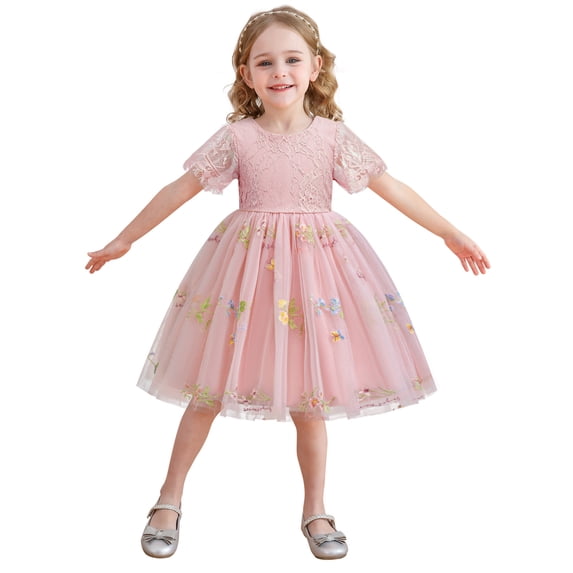 Kiijoy Girls Lace Floral Embroidery Tutu Dress Short Sleeve Party Princess Dress, Sizes 2-7