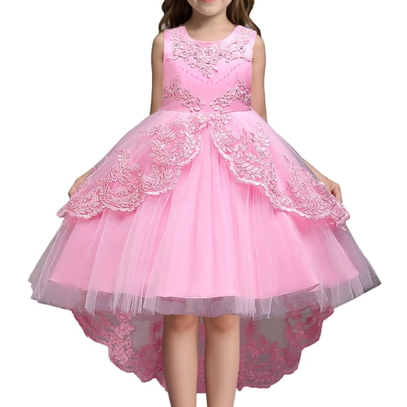 Kiijoy Girls Lace Sleeveless High Low Dress Wedding Pageant Princess Dress, Sizes 8-9