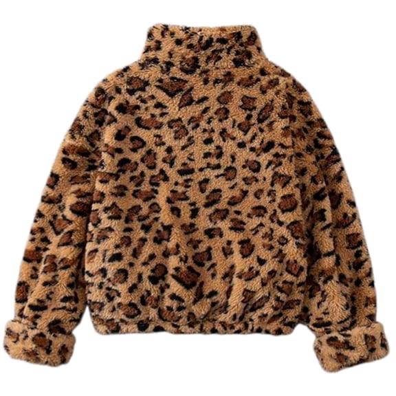 Kiijoy Girls Leopard Fleece Coat Winter Warm Outerwear Fuzzy Plush Zip Up Jacket