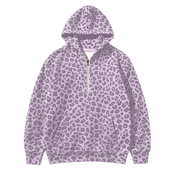 Kiijoy Girls Leopard Hoodie Half Zip Loose Pullover Sweatshirt, Purple, Sizes 1-16