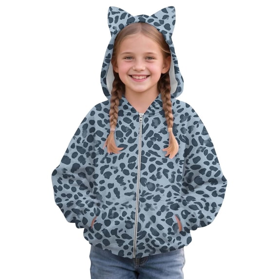Kiijoy Girls Leopard Print Fleece Coat Zip Up Cat Ears Hooded Jacket Outerwear, Sizes 2-14