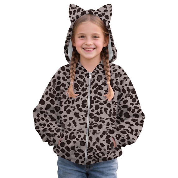Kiijoy Girls Leopard Print Fleece Coat Zip Up Cat Ears Hooded Jacket Outerwear, Sizes 2-14