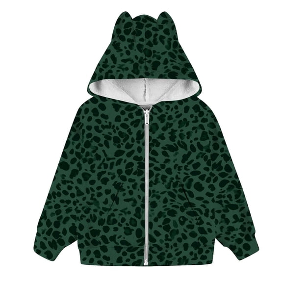 Kiijoy Girls Leopard Print Fleece Coat Zip Up Cat Ears Hooded Jacket Outerwear, Sizes 2-14