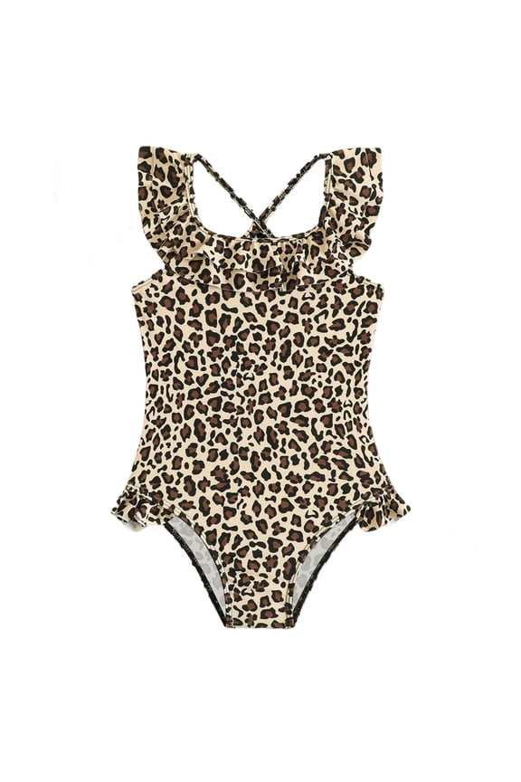 Girls Leopard Ruffle One-Piece Swimsuit Square Neck Beach Bathing Suit, Sizes 5-6