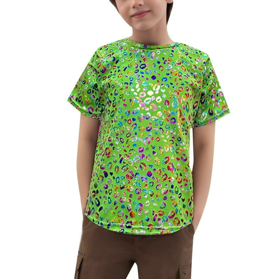 Kiijoy Girls Leopard Sequin Glitter T-Shirt Short Sleeve Crew Neck T Shirt Unisex Tee Top