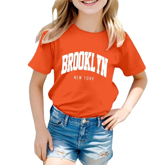 Kiijoy Girls Letter Print Short Sleeve T Shirt Kids Casual Round Neck T-Shirt, Sizes 2-12