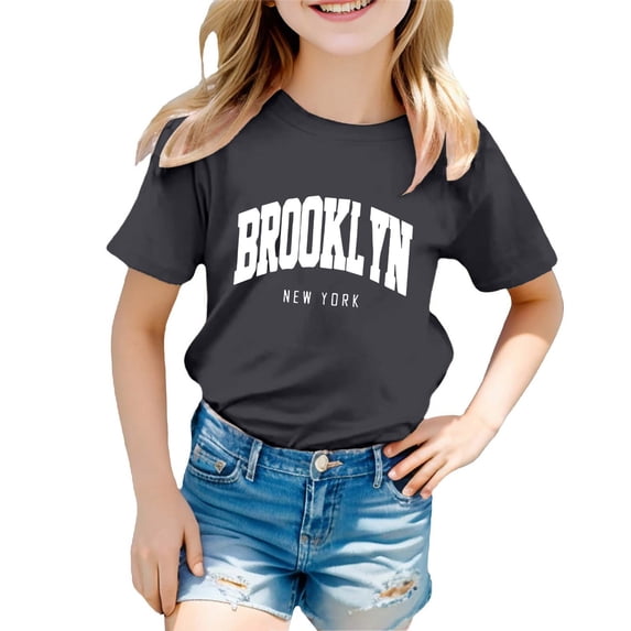 Kiijoy Girls Letter Print Short Sleeve T Shirt Kids Casual Round Neck T-Shirt, Sizes 2-12