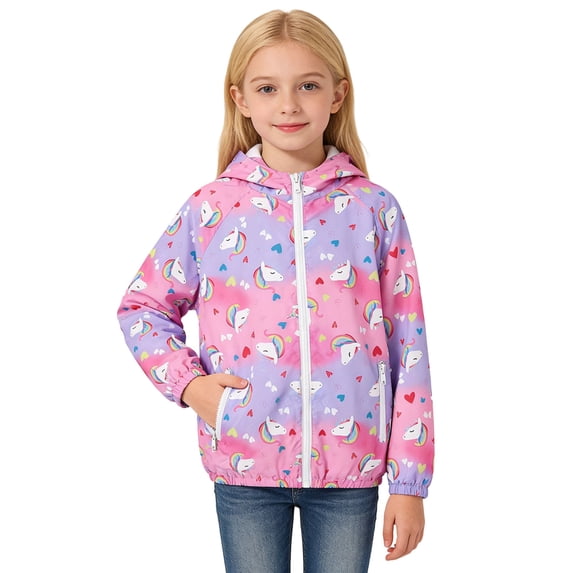 Kiijoy Girls Lightweight Windbreaker Cute Cartoon Zip Up Hooded Rain Jacket, 5-6 Years