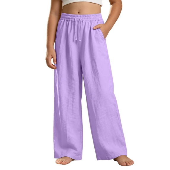 Kiijoy Girls Linen Wide Leg Pants Breathable Pull On Pants with Pocket, Purple, Sizes 4-14