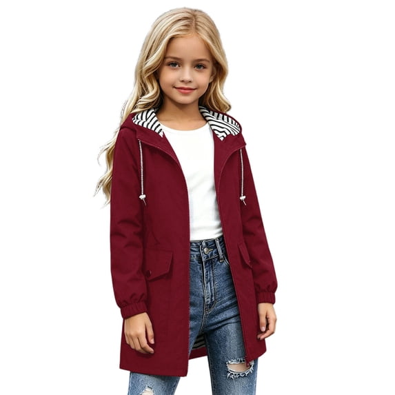 Kiijoy Girls Long Jacket Hooded Outerwear Coat with Pocket, Red, 7-8 Years