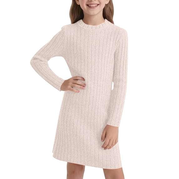 Kiijoy Girls Long Sleeve Bodycon Dress Solid Slim Fit Stretchy Knit Dress, Sizes 8-9
