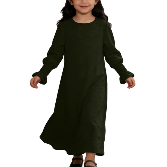 Kiijoy Girls Long Sleeve Dress Casual Loose Solid Plain A Line Dress, Size 3-12