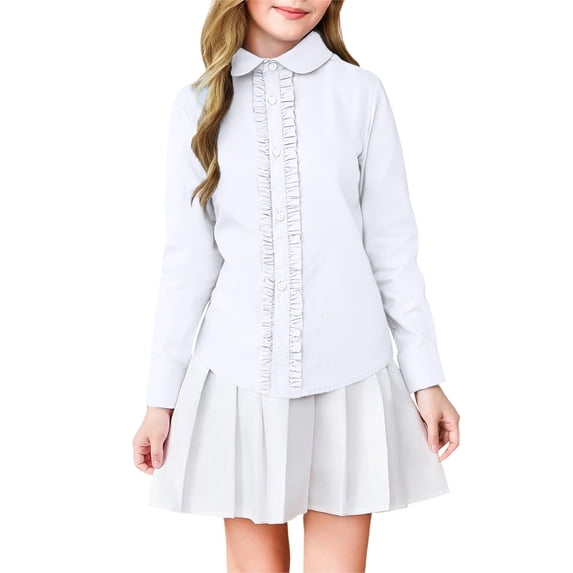Kiijoy Girls Long Sleeve Dress Shirt Ruffle Trim Blouse Solid Button-Up Shirt, Sizes 7-8
