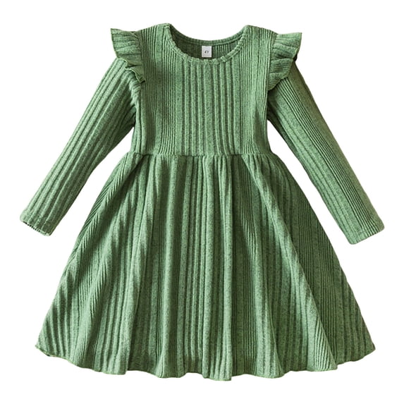 Kiijoy Girls Long Sleeve Ribbed Knit Dress Cotton Soft Stretch A Line Dress, Sizes 2-7