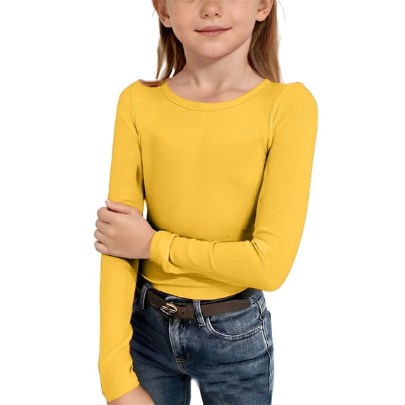Kiijoy Girls Long Sleeve Ribbed T-Shirt Slim Fit Stretch Solid Basic T Shirt Top, Sizes 15-16