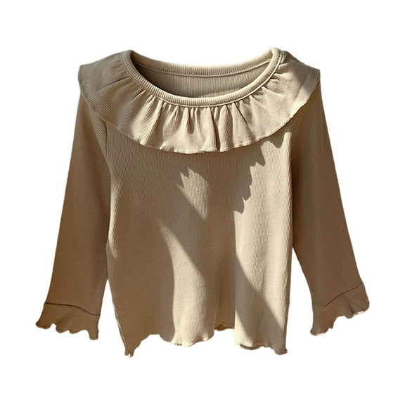 Kiijoy Girls Long Sleeve Ruffle T Shirt Solid Soft Casual T Shirt Undershirt, Sizes 4-5