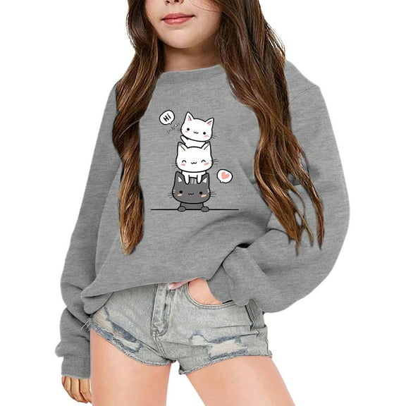 Kiijoy Big Girls Sweatshirt Cartoon Cat Crew Neck Pullover Kids Long Sleeved Sweatshirt
