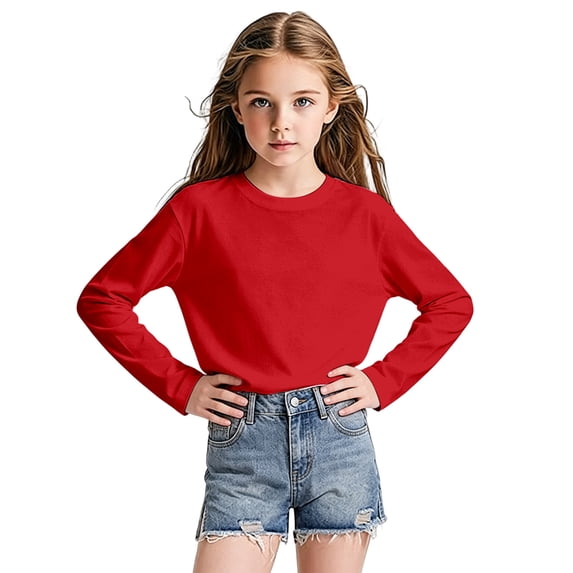 Kiijoy Girls Long Sleeve T-Shirt Lightweight Crewneck T Shirt Tee Top, Red, 13-14 Years