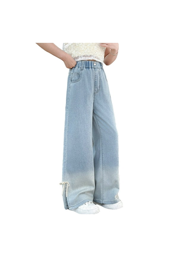 Girls Loose Straight Leg Jeans Bow Side Slit Elastic Waist Denim Pants, Sizes 8-14