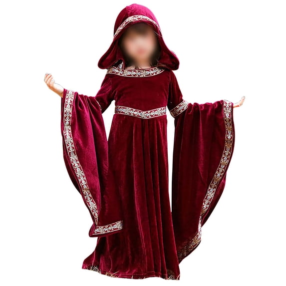 Kiijoy Girls Velvet Hooded Dress Retro Bell Sleeve Renaissance Witch Dress,