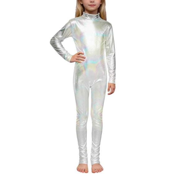 Kiijoy Girls Metallic High Neck Long Sleeve Romper Kids Performance Dance Stage Jumpsuit