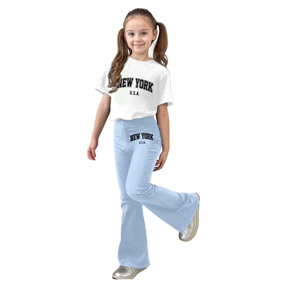 Kiijoy Girls New York Print Short Sleeve T-Shirt Flared Pants Outfit Set, Sizes 7-13