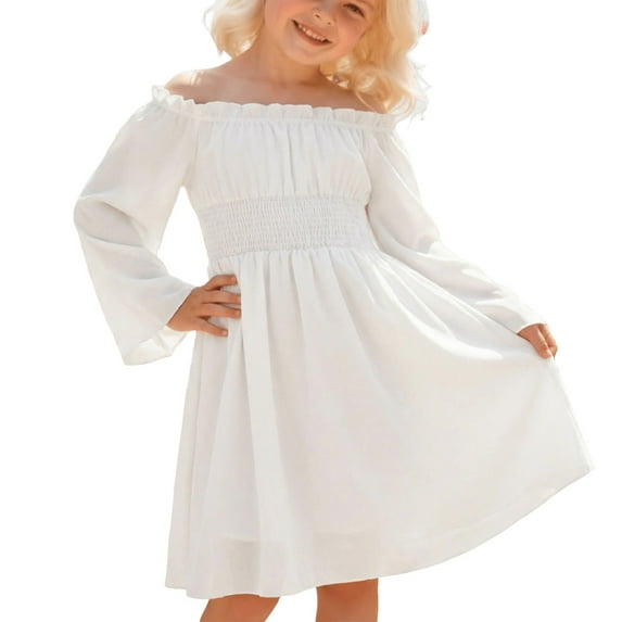 Kiijoy Girls Off Shoulder Long Sleeve Dress Solid Color Smocked Short Dress, Sizes 5-14