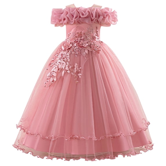 Kiijoy Girls Off Shoulder Tulle Princess Dress Princess Pageant Birthday Party Gown, Pink