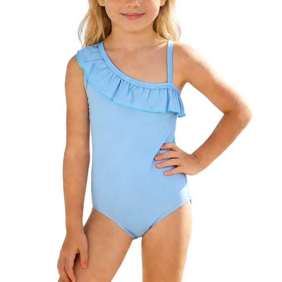 Kiijoy Girls One Shoulder Ruffle One-Piece Swimsuit Solid Swimwear Bathing Suit, Sizes 9-10