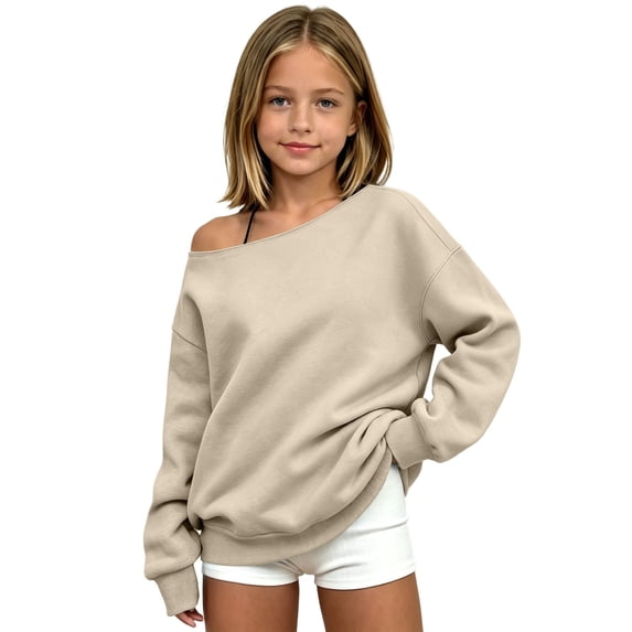 Kiijoy Girls One Shoulder Sweatshirt Fashion Loose Pullover, Beige, Sizes 3-4T