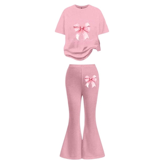 Kiijoy Girls Outfits Bow Graphic Short Sleeve Tee Flared Pants Set, Sizes 7-13