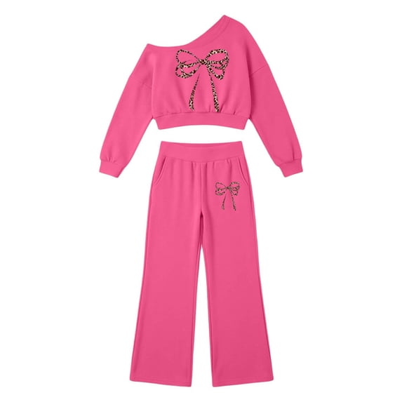 Kiijoy Girls Outfits Bow Off Shoulder Cropped Sweatshirt Pants Clothes Set, Sizes 5-14