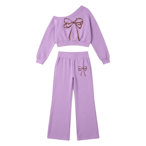 Kiijoy Girls Outfits Bow Off Shoulder Cropped Sweatshirt Pants Clothes Set, Sizes 5-14